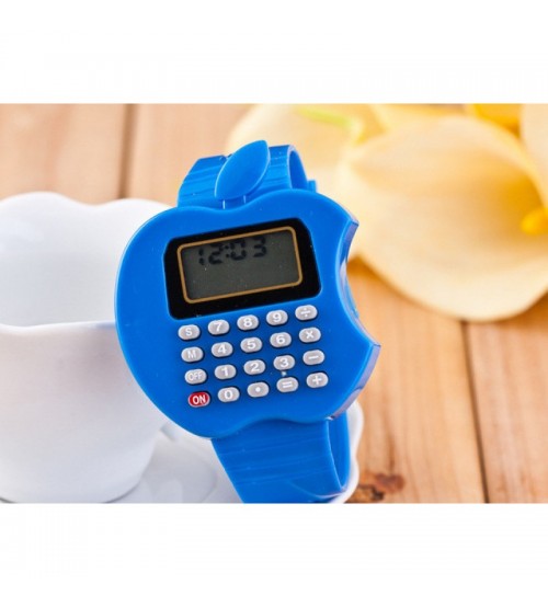 Apple Shape Digital Watch With Calculator, Kids Fashion Watch, Blue Color